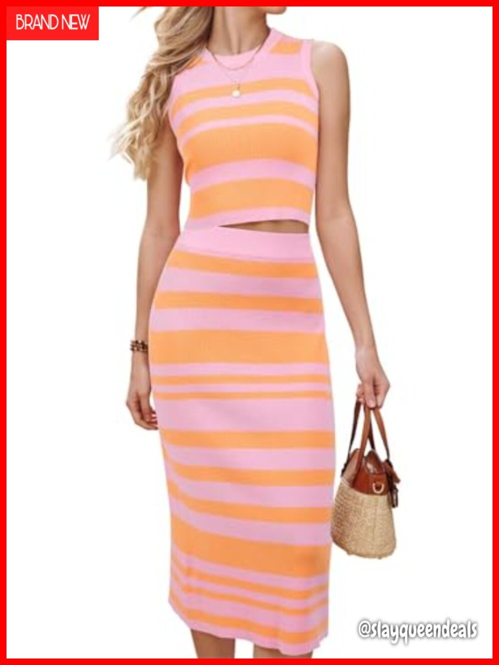 Women's 2 Piece Knit Sweater Skirt Set Sleeveless Crop Top Midi Skirt Outfit